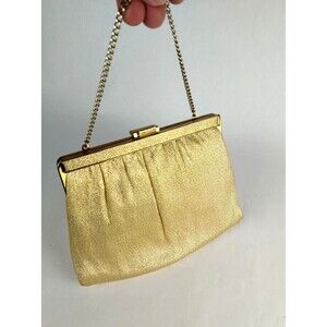 Vintage Gold Metallic Evening Bag Chain Handle Shimmer Holiday Purse with Clasp